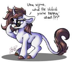 Size: 3003x2589 | Tagged: safe, artist:julunis14, derpibooru import, oc, oc only, oc:dorm pony, pony, unicorn, brainrot, gen alpha, horn, skibidi, solo, speech, sunglasses, talking, why