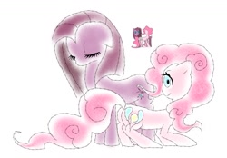 Size: 1186x825 | Tagged: safe, artist:mortalcoil17, derpibooru import, pinkie pie, earth pony, pony, g4, duo, duo female, eyes closed, female, pinkamena diane pie, self paradox, self ponidox, simple background, white background