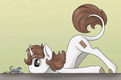 Size: 1933x1284 | Tagged: safe, artist:adyflygonna, derpibooru import, oc, oc only, oc:dorm pony, lizard, pony, unicorn, :p, horn, lying down, tongue, tongue out