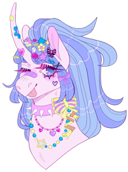 Size: 1657x2220 | Tagged: safe, artist:sleepy-nova, derpibooru import, oc, oc only, oc:showstopper, pony, unicorn, bandaid, bandaid on nose, blue eyes, blue mane, bust, choker, colored eyebrows, colored pinnae, commission, curved horn, decora, eye clipping through hair, eyebrows, eyebrows visible through hair, eyelashes, female, hair accessory, hairclip, horn, horn accessory, jewelry, lacrimal caruncle, lidded eyes, long horn, long mane, looking away, mane accessory, mane clip, mare, necklace, no pupils, one eye closed, pink coat, ponytail, portrait, shiny mane, simple background, solo, spiked choker, starry eyes, tall ears, thick eyelashes, three quarter view, tied mane, tongue, tongue out, transparent background, two toned mane, unicorn oc, wingding eyes, wink