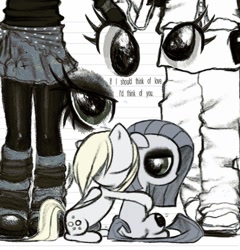 Size: 748x780 | Tagged: safe, artist:mortalcoil17, derpibooru import, derpy hooves, oc, oc:minkie pie, earth pony, pegasus, pony, fanfic:muffins, g4, clothes, duo, eyes closed, fanfic art, female, hug, mare, skirt