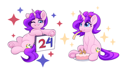 Size: 3840x2160 | Tagged: safe, artist:rivin177, derpibooru import, oc, oc only, oc:rivin, pony, unicorn, 24, birthday, birthday cake, birthday candles, cake, candle, food, frog (hoof), grin, horn, looking at you, one eye closed, party horn, simple background, smiling, smiling at you, solo, underhoof, white background