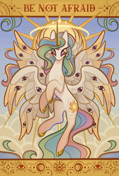 Size: 2362x3494 | Tagged: safe, artist:lenori, derpibooru import, princess celestia, alicorn, angel, angel pony, original species, pony, be not afraid, biblically accurate angels, cloud, eye, eyes, eyes do not belong there, female, mare, multiple wings, solo, wings