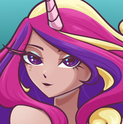 Size: 2706x2712 | Tagged: safe, artist:pandadrawss, derpibooru import, princess cadance, human, bedroom eyes, cute, cutedance, eyeshadow, female, gradient background, horn, horned humanization, humanized, makeup, solo