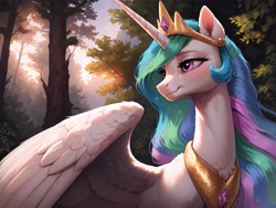 Size: 8192x6144 | Tagged: safe, ai content, derpibooru import, machine learning generated, princess celestia, alicorn, pony, g4, 4k, absurd resolution, chest fluff, female, fluffy, forest, glowing, glowing eyes, high res, mare, nature, outdoors, prompter:molagbal, smiling, solo, solo female, spread wings, sunset, tree, wings