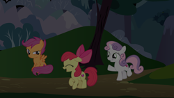 Size: 6000x3375 | Tagged: safe, artist:alicesponycorner, derpibooru import, apple bloom, scootaloo, sweetie belle, earth pony, pegasus, pony, unicorn, g4, adobe, adventure, bow, cutie mark crusaders, female, filly, foal, hair bow, happy, horn, mountain, night, outdoors, show accurate, tree, trio, vector