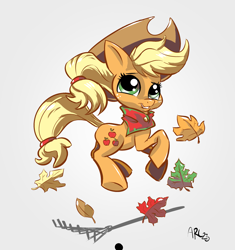 Size: 2461x2614 | Tagged: safe, artist:lytlethelemur, derpibooru import, applejack, earth pony, pony, g4, autumn, autumn leaves, cute, female, jackabetes, leaves, mare, rake, signature, simple background, smiling, solo, white background