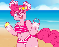 Size: 854x680 | Tagged: safe, artist:xxduncandonutxx, derpibooru import, pinkie pie, anthro, earth pony, unguligrade anthro, g4, arm hooves, bandaid, bandaid on nose, beach, belly, belly button, breasts, chest fluff, chubby, clothes, midriff, ocean, one eye closed, open mouth, plus size, redesign, smiling, solo, swimsuit, unshorn fetlocks, water