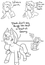 Size: 719x1046 | Tagged: safe, artist:leavemebetosleep, derpibooru import, applejack, granny smith, rainbow dash, earth pony, pegasus, pony, g4, appledash, applejack's hat, black and white, blushing, clothes, comic, cowboy hat, dialogue, female, flirting, grayscale, hat, hoof on chest, innuendo, lesbian, monochrome, rocking chair, scarf, shipping, simple background, trio, white background