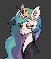 Size: 530x601 | Tagged: safe, artist:dowi, derpibooru import, princess celestia, alicorn, pony, g4, blood, clothes, female, flowing mane, gray background, jewelry, mare, my little pony: friendship is magic, princess, simple background, smiling, solo, tiara