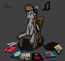 Size: 765x729 | Tagged: safe, artist:dowi, derpibooru import, oc, oc only, oc:devin, bat pony, pony, 2112, album, album cover, bipedal, chair, classic rock, country music, cute, cute little fangs, desolation boulevard, eyes closed, fangs, fragile, full moon fever, glam rock, gray background, gunfighter ballads and trail songs, headphones, houses of the holy, led zeppelin, listening to music, male, marty robbins, meddle, music, music notes, pink floyd, progressive rock, record, record player, rush, simple background, sitting, solo, stallion, sweet, tom petty, vinyl, yes, yes (band)