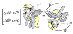 Size: 3200x1500 | Tagged: safe, artist:notadeliciouspotato, derpibooru exclusive, derpibooru import, derpy hooves, pegasus, pony, g4, female, mare, open mouth, open smile, rotation, rotation matrix, self paradox, self ponidox, signature, simple background, smiling, solo, speech bubble, spread wings, white background, wings