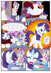 Size: 1600x2270 | Tagged: safe, artist:flash equestria photography, derpibooru import, rarity, sweetie belle, pony, unicorn, fanfic:short stories with pregnant ponies, g4, belle sisters, belly, blatant lies, comic, commission, crying, fainting couch, female, filly, foal, food, horn, ice cream, insult, lying down, mare, marshmelodrama, on back, on side, preggity, pregnant, rarity being rarity, sensibly-proportioned pregnancy, siblings, sisters, standing, story included, text, wall of text