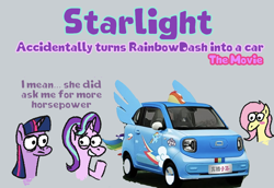 Size: 1048x720 | Tagged: safe, artist:zoeyhorse, derpibooru import, fluttershy, rainbow dash, starlight glimmer, twilight sparkle, twilight sparkle (alicorn), alicorn, pegasus, pony, unicorn, g4, blush sticker, blushing, bust, car, carified, dialogue, female, gray background, horn, implied flutterdash, implied lesbian, implied shipping, inanimate tf, mare, simple background, text, transformation