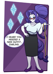 Size: 4961x7016 | Tagged: safe, artist:listartco, derpibooru import, rarity, anthro, plantigrade anthro, unicorn, g4, absurd resolution, alternate hairstyle, breasts, clothes, cutie mark background, dialogue, female, glasses, hand on hip, horn, lidded eyes, looking at you, mare, measuring tape, partially transparent background, ponytail, raritits, rarity's glasses, skirt, smiling, smiling at you, solo, speech bubble