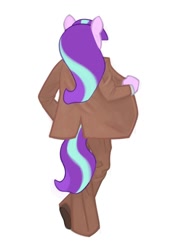 Size: 702x1000 | Tagged: safe, artist:partyponypower, derpibooru import, starlight glimmer, anthro, plantigrade anthro, unicorn, g4, alternate universe, clothes, colored, colored lineart, female, flat colors, formal wear, holding, horn, jacket, long mane, mare, pants, pink coat, rear view, s5 starlight, shoes, simple background, solo, standing, three toned mane, three toned tail, white background