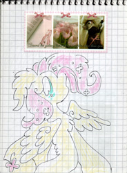 Size: 1668x2271 | Tagged: safe, artist:larvaecandy, derpibooru import, fluttershy, cat, pegasus, pony, g4, big eyes, chest fluff, collage, curly eyelashes, ear fluff, ears, eyelashes, female, floppy ears, flower, flower in hair, graph paper, grid paper, irl, leg fluff, long ears, long mane, mare, mixed media, no mouth, one wing out, photo, profile, raised hoof, raised leg, solo, stamp, teal eyes, traditional art, wingding eyes, wings, yellow coat