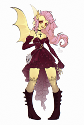 Size: 1506x2225 | Tagged: safe, artist:mibratsiy, derpibooru import, fluttershy, anthro, bat pony, bat ponified, boots, clothes, detached sleeves, dress, female, flutterbat, gothic, looking at you, race swap, shoes, shoulderless, simple background, smiling, solo, white background