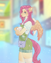 Size: 1667x2048 | Tagged: safe, artist:mibratsiy, derpibooru import, angel bunny, fluttershy, anthro, pegasus, rabbit, g4, animal, clothes, female, holding, overalls, purse, smiling, smirk, solo