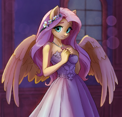 Size: 1961x1879 | Tagged: safe, artist:xilene, derpibooru import, fluttershy, anthro, pegasus, clothes, dress, female, flower, flower in hair, jewelry, looking at you, necklace, shy, solo, white dress