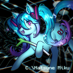 Size: 1920x1920 | Tagged: safe, artist:mrsklll, derpibooru import, earth pony, pony, female, hatsune miku, hoof hold, kotobukiya, kotobukiya hatsune miku pony, leek, looking at you, open mouth, open smile, ponified, smiling, solo, species swap, vocaloid