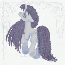 Size: 1500x1500 | Tagged: safe, artist:lompyloops, derpibooru import, part of a set, rarity, pony, unicorn, alternate hairstyle, curly hair, curly mane, female, horn, long mane, looking at you, looking back, looking back at you, mare, solo