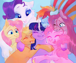 Size: 1700x1400 | Tagged: safe, artist:abbytabbys, derpibooru import, applejack, fluttershy, pinkie pie, rainbow dash, rarity, twilight sparkle, twilight sparkle (alicorn), abyssinian, alicorn, bat pony, butterfly, earth pony, hybrid, pegasus, pony, fanfic:broken destiny, g4, abyssinianized, alternate universe, bangs, bat ponified, blonde, blonde mane, blue eyes, blue eyeshadow, blue sclera, blush lines, blushing, broken destiny au, butterfly pony, butterfly wings, cheek fluff, colored eyebrows, colored hooves, colored horn, colored sclera, colored wings, curly hair, curly mane, cute, cute little fangs, duality, eyebrows, eyebrows visible through hair, eyelashes, eyes closed, eyeshadow, facing you, fanfic art, fangs, female, flutterbat, friends, glimmer wings, glowing, glowing body, glowing mane, good end, gradient background, grin, group, group hug, hatless, heterochromia, hooves, horn, horn scar, hug, long horn, long mane, looking at each other, looking at someone, makeup, mane six, mare, missing accessory, multicolored hair, multicolored mane, multicolored wings, one eye closed, open mouth, open smile, orange hooves, paws, pink mane, pinkamena diane pie, purple coat, race swap, rainbow hair, rainbow wings, raricat, reunion, reunited, ringlets, self paradox, self ponidox, shiny hair, shiny mane, size difference, smiling, sparkles, sparkly body, sparkly mane, species swap, spiky mane, spread wings, straight mane, three quarter view, three toned mane, transformed, unshorn fetlocks, what has magic done, white fur, white pupils, wings, yellow coat, yellow hooves