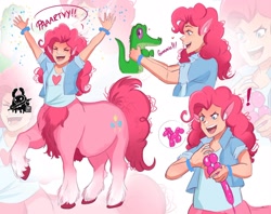 Size: 2048x1623 | Tagged: safe, artist:inkrred, derpibooru import, part of a set, gummy, pinkie pie, alligator, centaur, human, taur, g4, balloon, balloon animal, centaur pie, centaurified, elf ears, exclamation point, female, freckles, humanized, light skin, open mouth, open smile, smiling, species swap, zoom layer