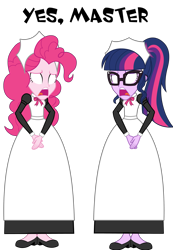 Size: 2497x3612 | Tagged: safe, artist:cartoonmasterv3, derpibooru import, pinkie pie, sci-twi, twilight sparkle, human, equestria girls, g4, blank eyes, clothes, dress, duo, duo female, female, hypno pie, hypnosis, hypnotized, long dress, long skirt, maid, maidlight sparkle, pinkie maid, simple background, skirt, transparent background