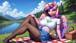 Size: 1920x1080 | Tagged: safe, ai content, derpibooru import, machine learning generated, princess cadance, alicorn, anthro, unguligrade anthro, g4, basket, breasts, clothes, female, forest, hooves, horn, looking at you, mountain, nature, picnic basket, picnic blanket, prompter:wanderingw0lf, scenery, solo, solo female, tree, water, wings