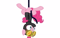 Size: 1920x1230 | Tagged: safe, derpibooru import, edit, edited screencap, screencap, pinkie pie, earth pony, pony, g4, :o, cute, hanging, hanging upside down, ninja, open mouth, pinkie spy, rope, upside down