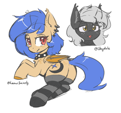 Size: 750x700 | Tagged: safe, artist:morningbullet, derpibooru import, oc, oc only, oc:lunar saintly, oc:reeree, bat pony, pony, :p, bat pony oc, body freckles, butt, butt freckles, chest fluff, clothes, collar, disguise, disguised changeling, duo, ear piercing, earring, female, freckles, jewelry, mare, piercing, plot, simple background, slit eyes, socks, spiked collar, striped socks, tongue, tongue out, white background