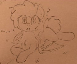 Size: 5114x4268 | Tagged: safe, artist:harmonicglow, derpibooru import, rainbowshine, bat pony, g4, confused, female, lying down, mare, missing cutie mark, pencil drawing, spread wings, traditional art, wings