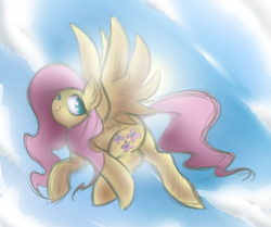 Size: 2365x1977 | Tagged: safe, artist:maretheory.exe, derpibooru import, fluttershy, pegasus, cloud, female, flying, happy, mare, smiling, sun