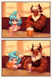 Size: 2372x3524 | Tagged: safe, artist:polnocnykot, derpibooru import, cozy glow, lord tirek, centaur, pegasus, pony, taur, g4, ..., 2 panel comic, alcohol, beard, beer, beer mug, blushing, bow, cafe, cheek fluff, cherry, chest fluff, comic, cozybetes, crossed arms, cute, dessert, detailed, drink, drinking, duo, duo male and female, ear fluff, ears, ears up, eating, eyes closed, facial hair, female, filly, floppy ears, foal, folded wings, food, freckles, frown, hair bow, happy, hooves, horns, ice cream, male, meme, muscles, muscular male, nose piercing, nose ring, piercing, pleasure, redraw, shoulder fluff, shoulder freckles, sitting, smiling, sofa, spoon, spread wings, table, teeth, wings