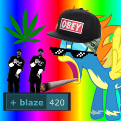 Size: 3464x3464 | Tagged: safe, artist:landmark520, derpibooru import, blaze, pegasus, pony, g4, 1000 hours in picsart, 420, 420 blaze it, anonymous editor, blunt, cropped, derpibooru, drugs, illuminati, marijuana, meta, mlg, obey, open mouth, rainbow background, snapback, snoop dogg, sunglasses, swag glasses