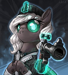 Size: 2427x2649 | Tagged: safe, artist:uteuk, derpibooru import, oc, oc only, oc:kitu elder, changeling, changeling queen, equestria at war mod, clothes, coat, fangs, female, gray coat, gun, handgun, horn, looking at you, luger, magic, military, military pony, military uniform, pistol, solo, teal eyes, trident, uniform, uniform hat, weapon, white mane, wings