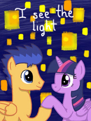 Size: 400x533 | Tagged: safe, artist:paintsplat1418, derpibooru import, flash sentry, twilight sparkle, twilight sparkle (alicorn), alicorn, pegasus, pony, female, flashlight, male, mare, shipping, stallion, straight, tangled (disney)