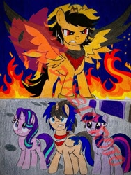 Size: 1075x1429 | Tagged: safe, artist:diablo rojo, derpibooru import, twilight sparkle, twilight sparkle (alicorn), oc, oc:r/n, oc:y/n, alicorn, pony, unicorn, fanfic:the hero of equestria, broken horn, clothes, crossover, fire, glare, horn, ponified, reference to another series, scarf, shadow the hedgehog, sonic the hedgehog, sonic the hedgehog (film), sonic the hedgehog (series), species swap, spread wings, traditional art, wings