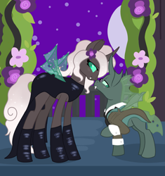 Size: 1959x2083 | Tagged: safe, artist:wildrose_, derpibooru import, oc, oc only, oc:kitu elder, oc:yuni erclias hermeline, changeling, changeling queen, equestria at war mod, black lipstick, blushing, boop, clothes, dress, fangs, female, flower, flower in hair, glasses, gray coat, height difference, horn, lipstick, male, marriage, necktie, noseboop, size difference, suit, teal eyes, trident, wedding, white mane, wings