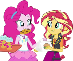 Size: 2987x2520 | Tagged: safe, derpibooru import, edit, edited screencap, editor:mrtoonlover83, screencap, pinkie pie, sunset shimmer, human, equestria girls, g4, background removed, bag, blouse, burger, clothes, cookie, cute, diapinkes, duo, duo female, female, food, leather vest, not a vector, sassapinkes, shimmerbetes, skirt, sunsass shimmer, tanktop