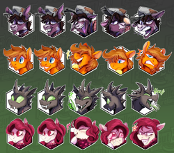 Size: 3000x2636 | Tagged: safe, artist:hallowraith, derpibooru import, oc, oc:anomaly, oc:carmine garnet, oc:peeled prune, oc:royal anne, changeling, earth pony, pegasus, pony, undead, vampire, vampony, fallout equestria, changeling oc, earth pony oc, facial expressions, fallout equestria oc, ghoul oc, multiple characters, pegasus oc, vampony oc