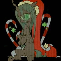 Size: 1022x1024 | Tagged: safe, artist:warewulfs, derpibooru import, queen chrysalis, changeling, g4, black background, candy cane, christmas, female, hat, holiday, santa hat, simple background, solo