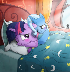 Size: 1947x2000 | Tagged: safe, artist:supersmurgger, derpibooru import, trixie, twilight sparkle, pony, unicorn, g4, bed, cute, diatrixes, female, golden oaks library, horn, hug, in bed, lesbian, love, my little pony, my little pony: friendship is magic, shipping, smiling, snuggling, twiabetes, twixie, waking up