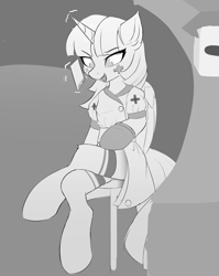 Size: 2480x3113 | Tagged: safe, artist:neverend, derpibooru import, twilight sparkle, clothes, dark deception, monochrome, nurse, stockings, thigh highs