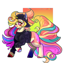 Size: 1175x1177 | Tagged: safe, artist:legendaryshadee, derpibooru import, oc, oc:catchy beat, earth pony, pony, backwards ballcap, baseball cap, cap, clothes, female, hat, mare, solo, sweater