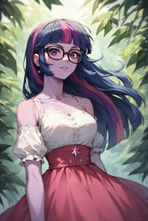 Size: 828x1242 | Tagged: safe, ai content, derpibooru import, generator:stable diffusion, machine learning generated, sci-twi, twilight sparkle, human, equestria girls, g4, blouse, breasts, cleavage, clothes, female, foliage, glasses, looking at you, outdoors, prompter:saberclaw1x, puffy sleeves, reasonably sized breasts, skirt, smiling, smiling at you, solo