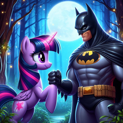 Size: 1024x1024 | Tagged: safe, ai content, derpibooru import, machine learning generated, twilight sparkle, twilight sparkle (alicorn), alicorn, human, g4, batman, cute, dc comics, female, forest, heartwarming, justice league, male, moon, nature, night, prompter:bluey2309, superhero, tree, twiabetes, twisass sparkle