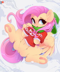 Size: 5000x6000 | Tagged: safe, artist:xsatanielx, derpibooru import, fluttershy, pegasus, pony, g4, absurd resolution, clothes, cute, female, frog (hoof), horseshoes, lying down, mare, on back, overhead view, pubic fluff, scarf, shyabetes, snow, solo, spread legs, spreading, sweater, underhoof, winter