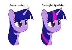 Size: 2388x1668 | Tagged: safe, artist:arkhat, derpibooru import, twilight sparkle, unicorn twilight, pony, unicorn, g4, bust, colored sketch, comparison, eye clipping through hair, female, mare, parody, portrait, reference in the description, show accurate, sketch, smiling, striped mane, text